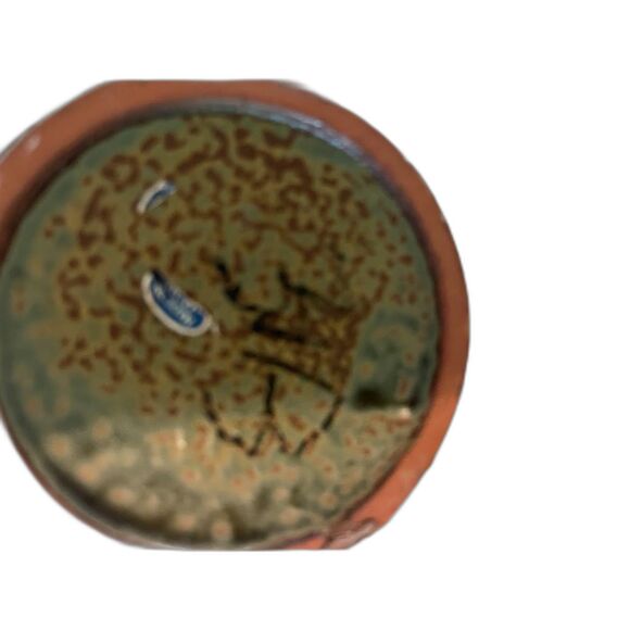 Vtg MCM Japan Redware Stoneware Vase Green Brown Leaf Design Rustic Pottery - Picture 2 of 6